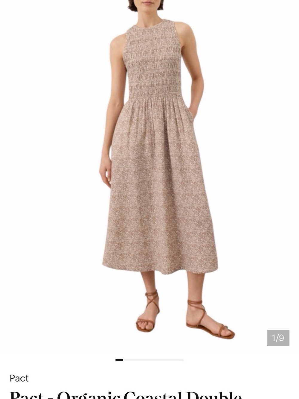 NWOT- PACT ORGANIC COASTAL DOUBLE GAUZE SMOCKED MIDI DRESS- FLORAL- SMALL